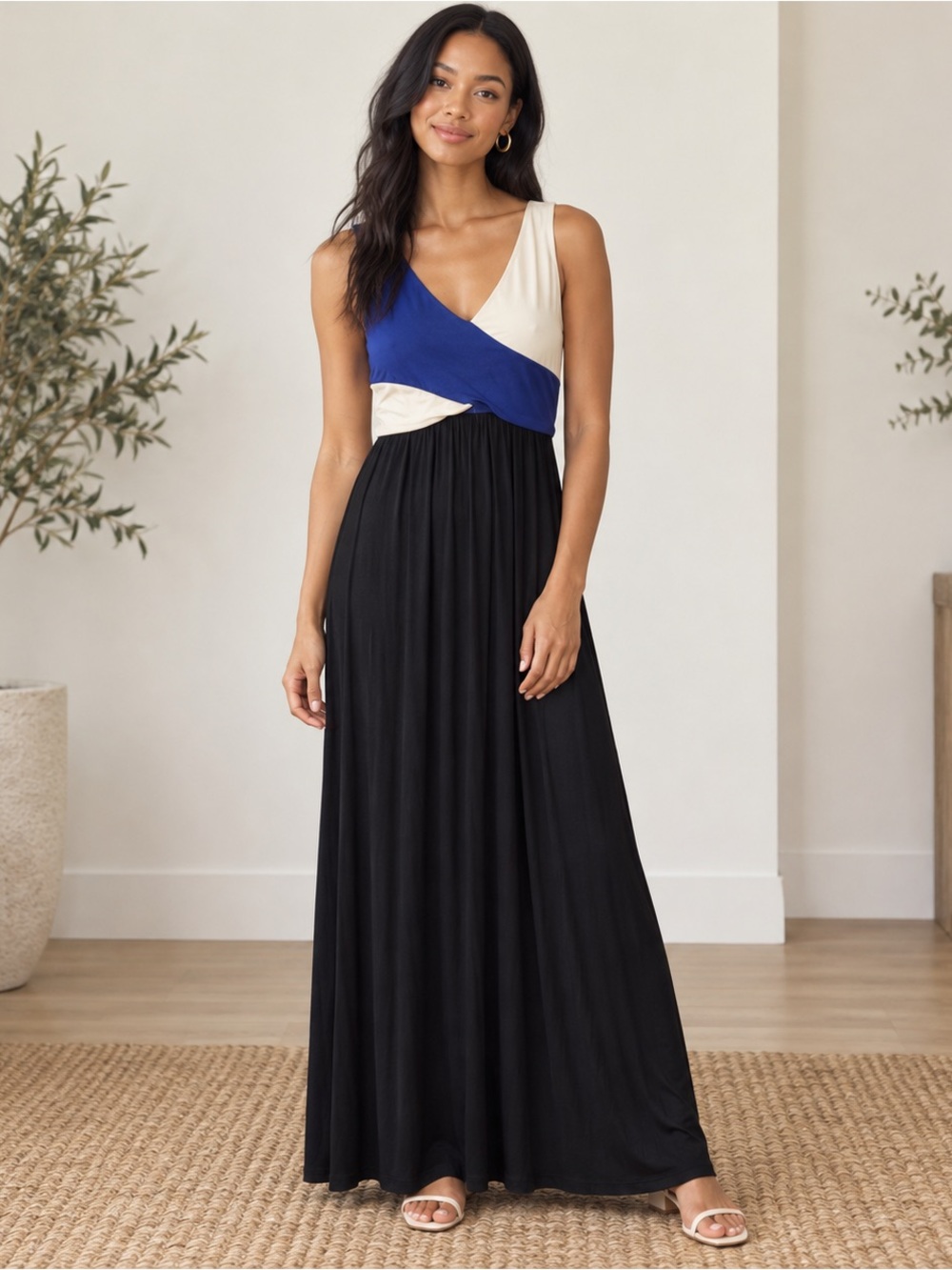 Anthropologie Maeve Elysian Colorblock Maxi Dress Navy Black Cream XS